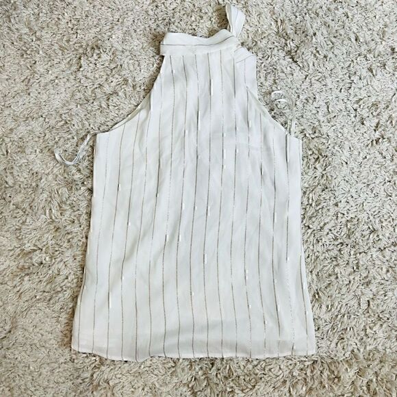 Calvin Klein Metallic Stripe Tie-Neck Halter Top White Size Small - Picture 9 of 11
